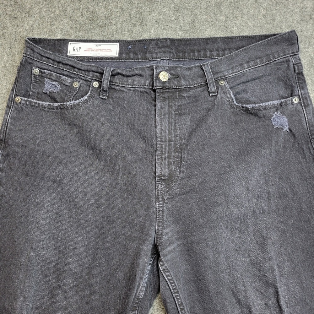 GAP Jeans Womens 33 Black Denim Distressed High Rise Americana Cheeky Straight - Picture 4 of 13